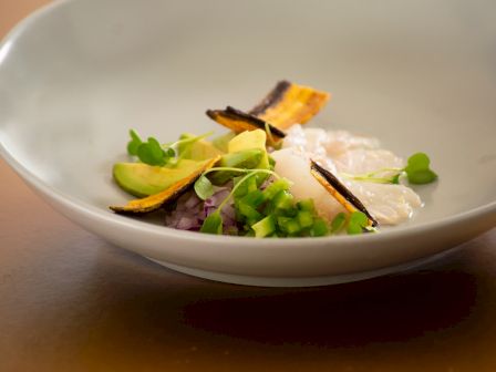 The image shows a gourmet dish featuring sliced avocado, microgreens, diced vegetables, and a possible seafood component, all garnished with thin chips.