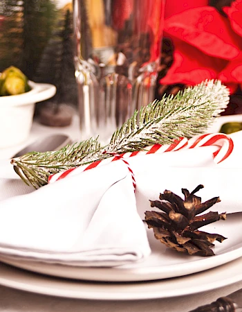 A festive table setting with white napkins, candy cane, pine cone, and sprig on a plate, surrounded by holiday decor and food.